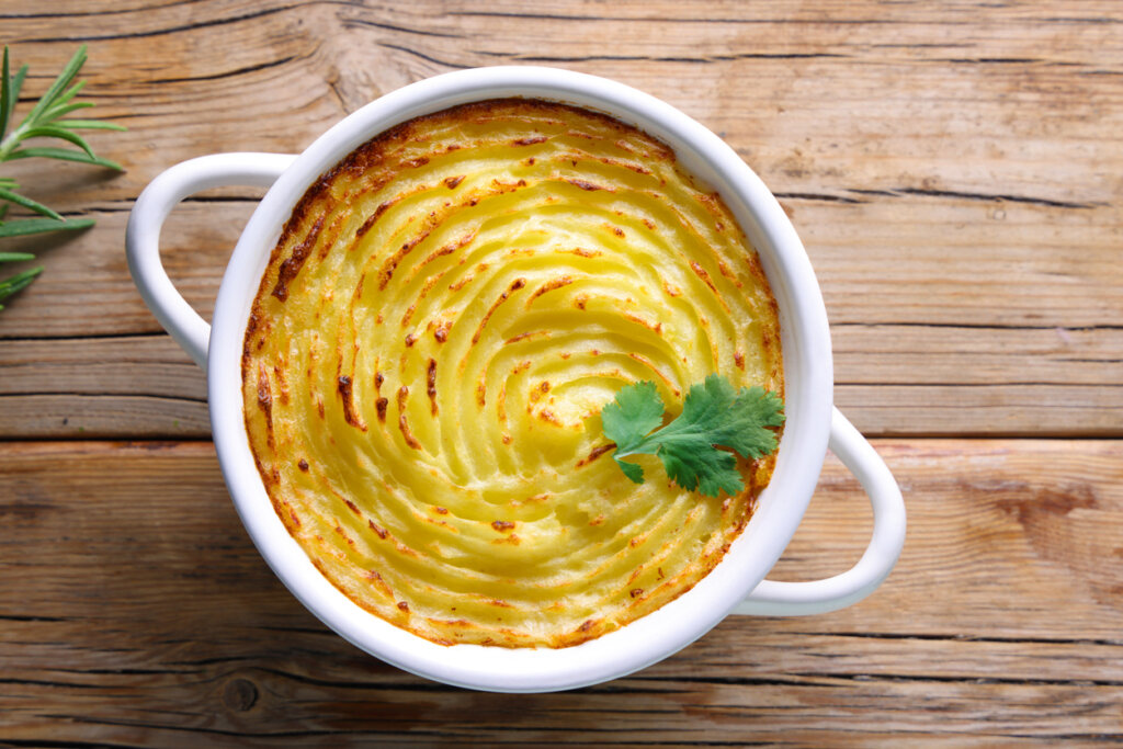 Traditional British cottage pie with mashed potatoes, prepared and ready for dinner