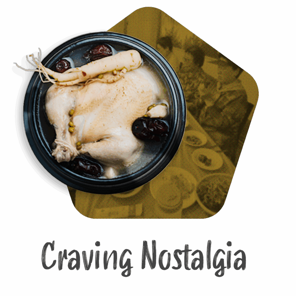 Chicken soup with whole chicken, ginseng root, and red dates in a black bowl, highlighting nostalgic flavors and heritage-inspired comfort food trends.