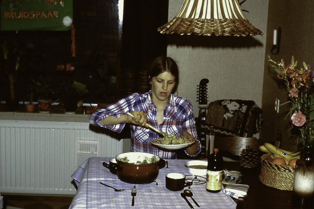 Serving a plate of mashed potatoes or vegetable stew from a pot on a checkered tablecloth, evoking nostalgic flavors and cultural food heritage.