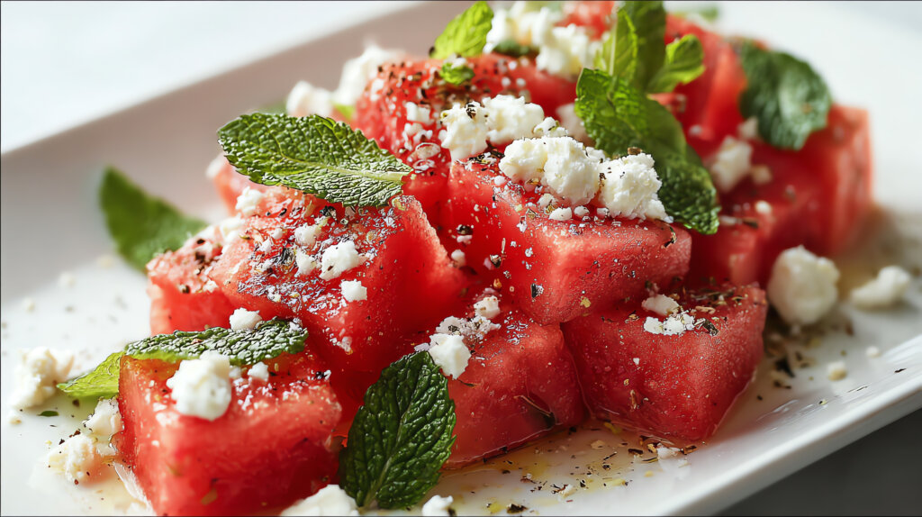 Sliced watermelon topped with crumbled cheese and mint, highlighting layered textures, juicy, soft, and crunchy—illustrating how texture is shaping modern food experiences 