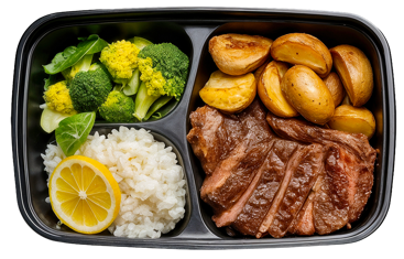 Prepared meal with steak, vegetables, and rice showing how convenient ready to eat format and texture variety