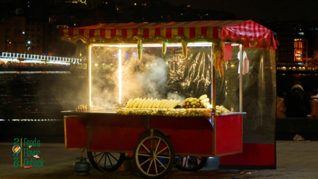 Illuminated Street food truck at night with steam rising from the grill, reflecting the energy and creativity of street food culture and food innovation.