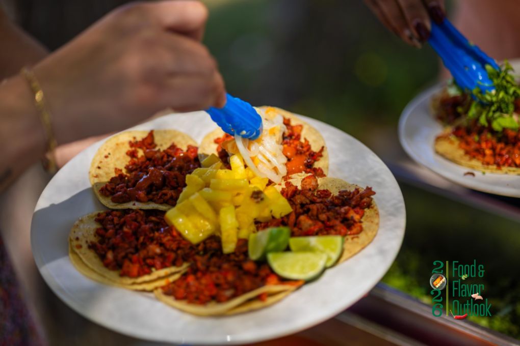 Street food tacos topped with fresh ingredients, reflecting consumers demand for bold enhancing flavors, visually interesting meals, and memorable food experiences.