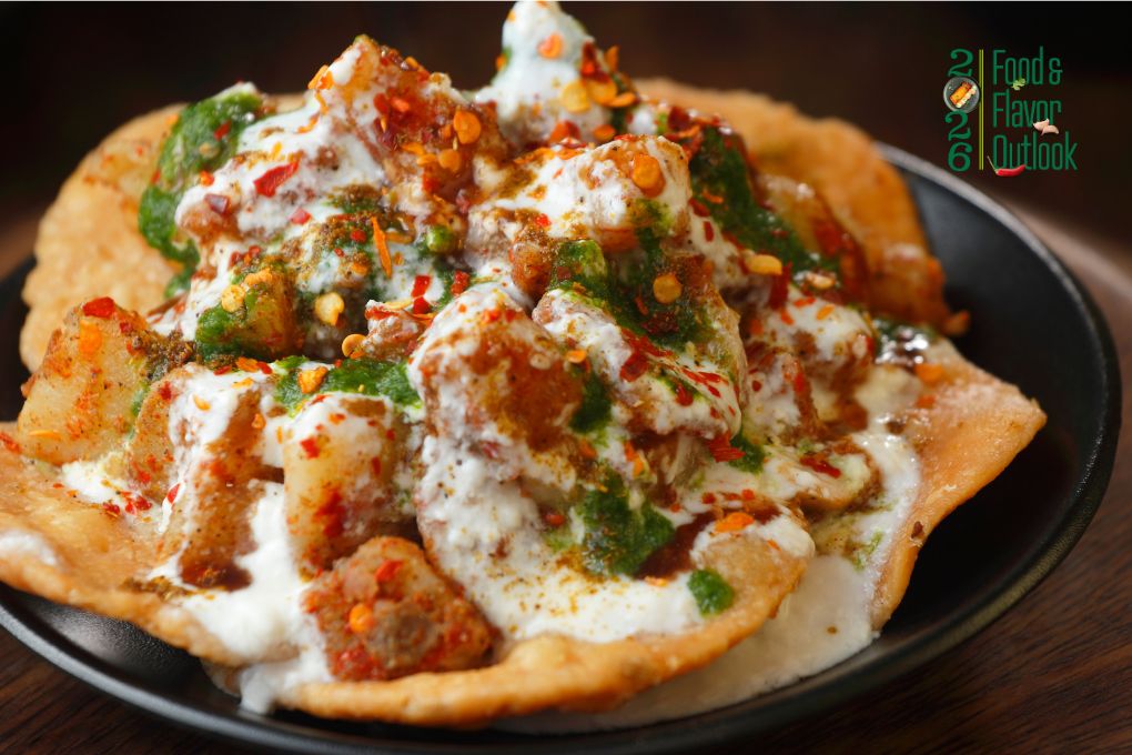 Papdi chaat topped with creamy yogurt, chutney, salt, and other spices and ingredients, showcasing the layered flavors, textures and globally inspired street food. 