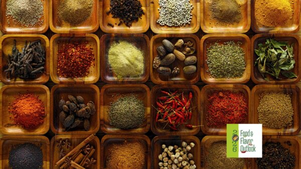Variety of spices and seasonings arranged in wooden containers, representing maximalist flavor innovation.