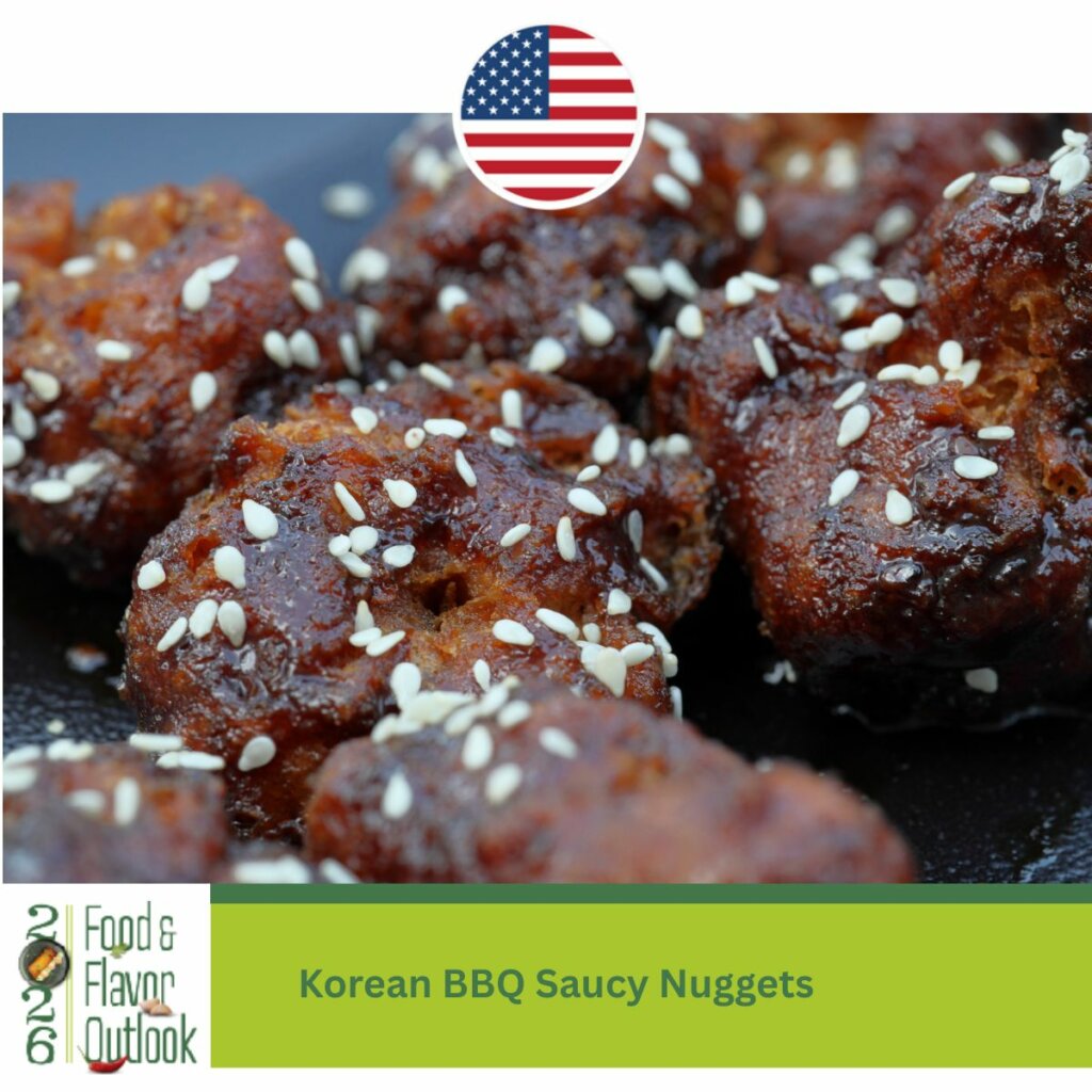 Glazed Korean BBQ-style chicken nuggets topped with sesame seeds, illustrating bold multidimensional flavor combinations.