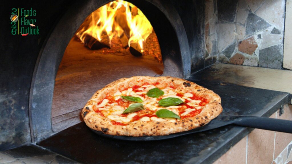 Freshly baked pizza by wood-fired oven, representing familiar flavors evolving through new combinations.