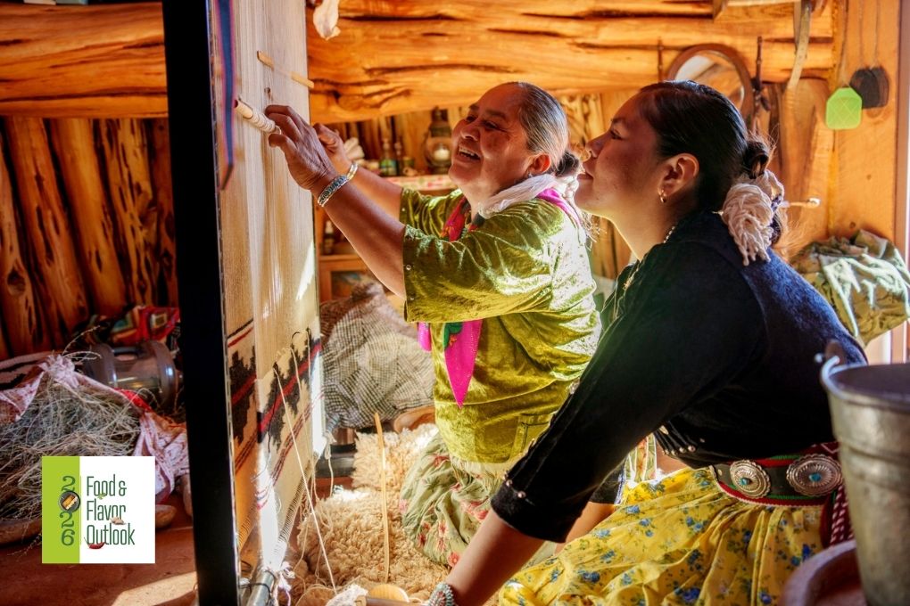 Two generations practice traditional weaving together, representing how cultural knowledge and traditions continue to shape modern choices.